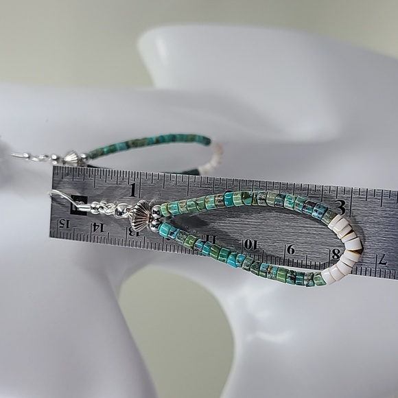 Handmade turquoise and shell heishi beads dangle earrings. - Picture 2 of 3